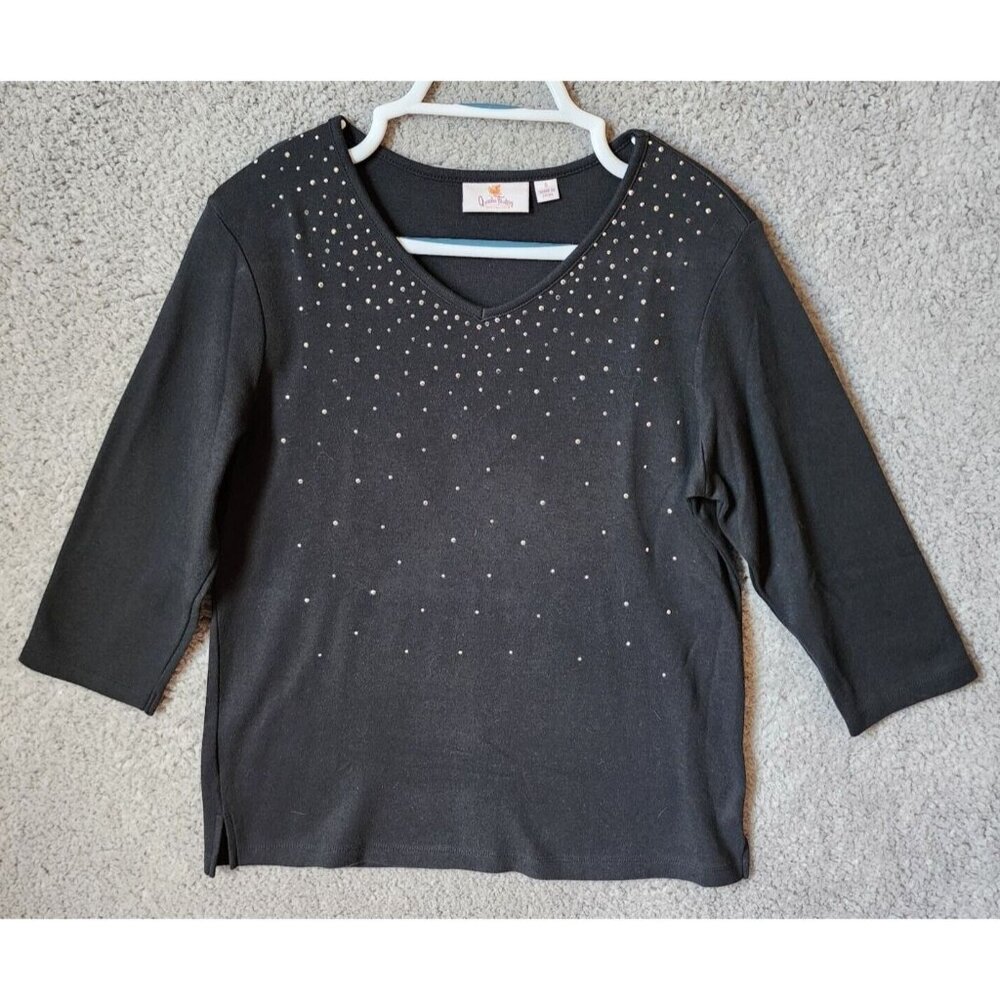 Quacker Factory Women's 3/4 Sleeve V Neck Top Black/Silver Rhinestone Bling Sz S